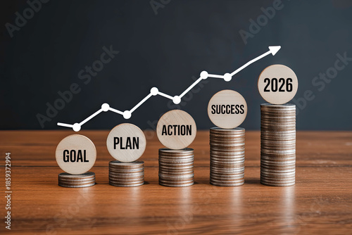 Steps toward the 2026 goal marked by coin stacks and an upward trend line.