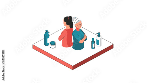 Generational contrast in skincare: young and elderly women with cosmetics in isometric design