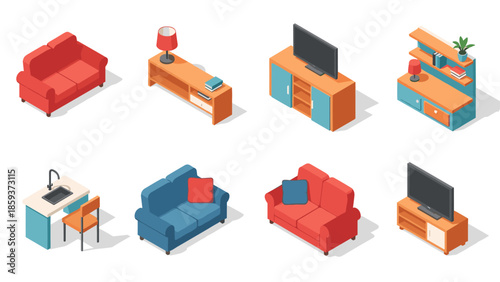 Isometric living room furniture set: modern sofas, cabinets, and tables collection