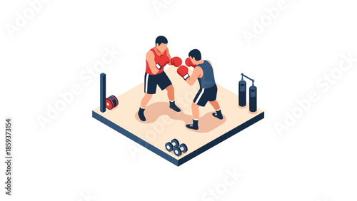 Isometric boxing match in ring with two fighters and sporting equipment