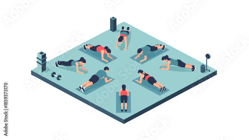 Isometric group workout session with diverse exercises and equipment