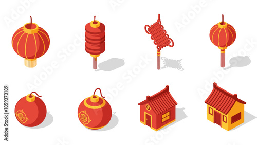 Isometric chinese new year lanterns and traditional houses collection