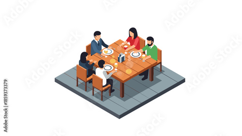 Isometric family dining scene with diverse characters sharing a meal around a wooden table