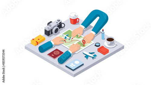 Travel planning isometric workspace with maps, passport, and miniature airplane decor