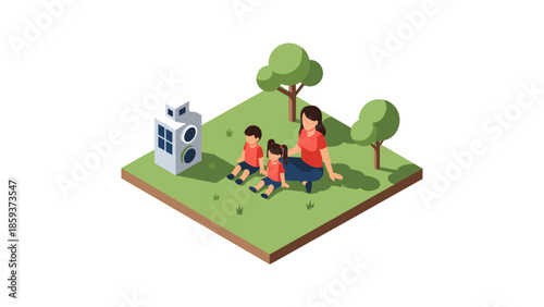 Isometric family picnic with children and mother relaxing outdoors