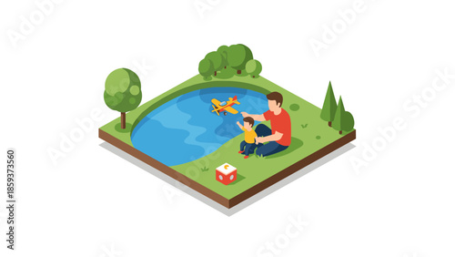 Father and child playing by the pond in isometric park scene