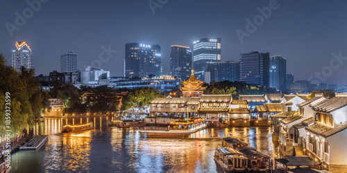 Photos Night view of the skyline of the North Wharf of Shantang Street, Suzhou, Jiangsu