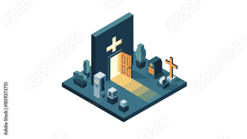 Isometric cemetery scene with tombstones, crosses, and lit chapel door in low poly style