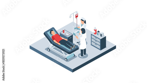 Isometric hospital scene with nurse administering iv to patient in clinic setting