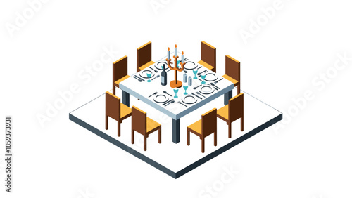 Elegant isometric dining table setup with chairs and candles for special occasions