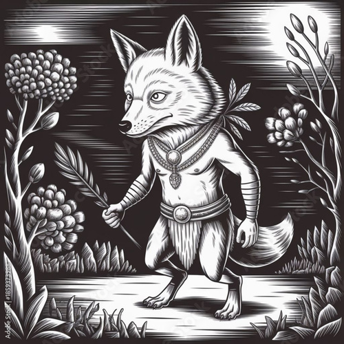 Mythical Creature in Woodland: A striking depiction of a humanoid fox, adorned with ceremonial attire and a watchful gaze, stands amidst a stylized woodland setting.