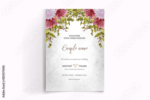 WEDDING INVITATION FRAME WITH FLOWER DECORATIONS AND FRESH LEAVES
