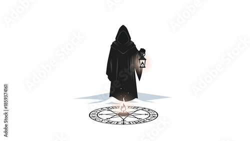 A figure in a hooded cloak, holding a lantern with a flame, stands above a circular symbol. This image evokes mystery and the unknown