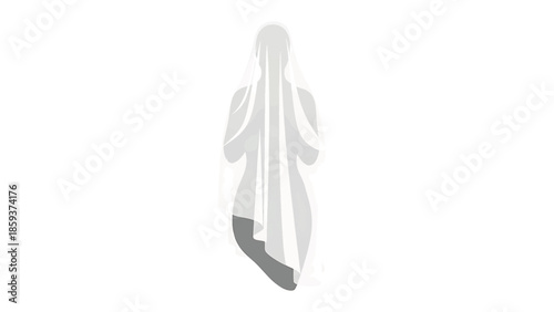 A figure is draped in a translucent cloth, appearing like a ghostly apparition against a white background. Its form is indistinct