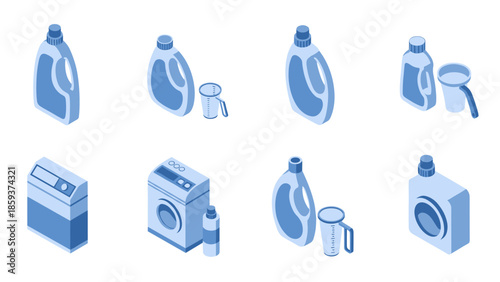 Isometric detergent and washing machine set in blue tones for cleaning concepts