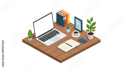 Isometric office desk with laptop, books, and plants in a minimalist workspace setting