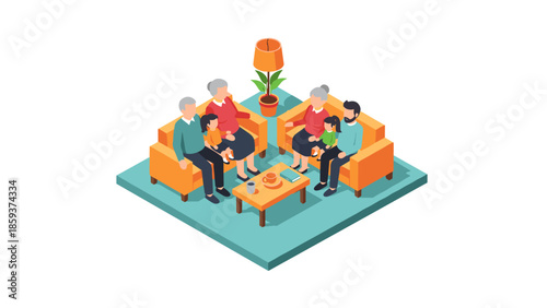 Isometric family gathering in cozy living room with grandparents and children