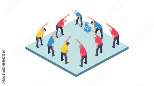 Seniors engaging in group fitness routine on isometric platform