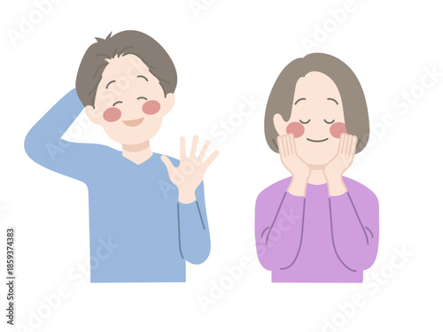 照れている表情の男女　イラスト