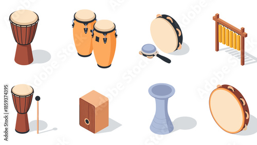 Isometric percussion instruments collection: drums, tambourine, and more