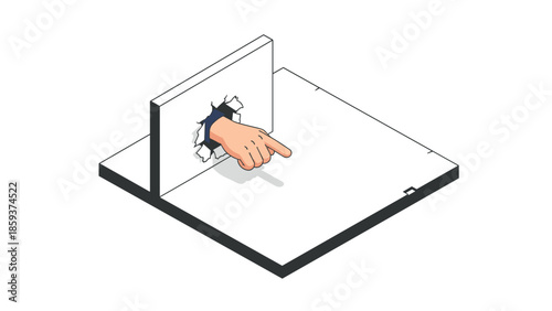 Isometric concept of hand breaking through wall and pointing forward