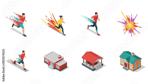 Dynamic isometric running and architecture collection with vibrant motion effects