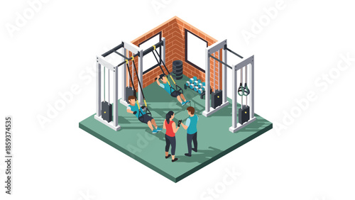 Modern gym interior with people exercising in isometric style