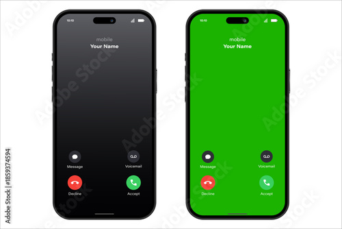 Two modern smartphone mockups display an incoming call screen interface, featuring options to accept or decline the call, with one screen utilizing a green chroma key background for easy compositing.