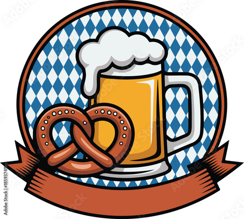 Beer mug pretzel oktoberfest badge with blue diamond pattern vector
