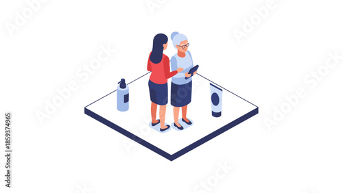 Isometric elderly tech support scene with tablet and gadgets