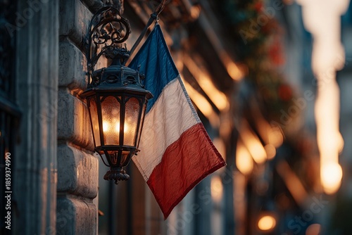 Twilight Ambiance With the Bleu-Blanc-Rouge Flag Waving Near a Lantern Generative AI