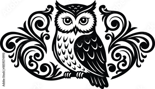 Ornate owl silhouette with vintage floral scrollwork and decorative filigree elements for tattoo or graphic design.