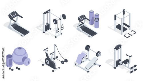 Isometric gym equipment set with treadmills, weights, and exercise machines