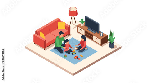 Family playing together in cozy living room isometric scene with modern decor and toys