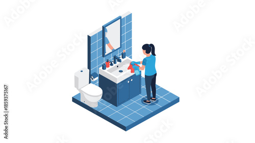 Isometric bathroom cleaning scene with woman tidying sink in blue tile interior