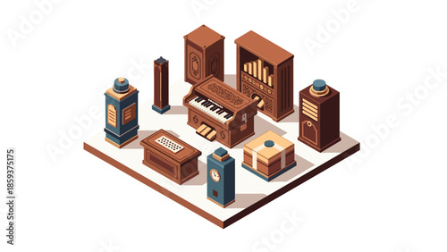 Isometric retro music room with vintage organ and bookshelves