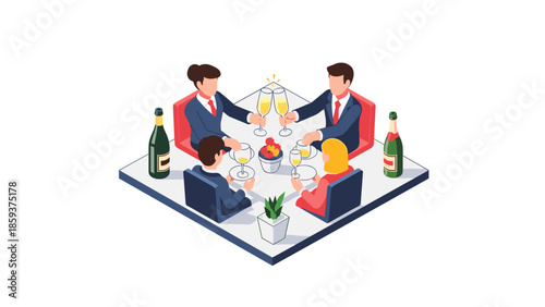 Business celebration with champagne toast in isometric style