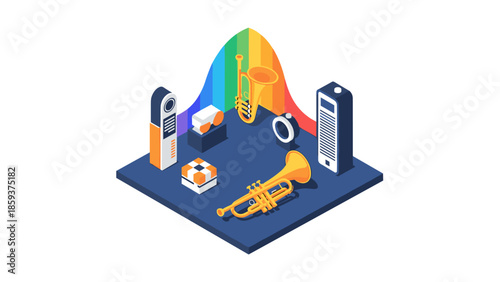 Isometric orchestra instruments with speakers on colorful stage