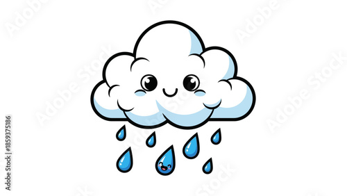 Cute cartoon cloud smiling with raindrops falling