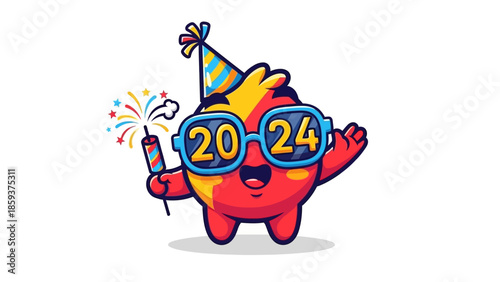Happy cartoon character celebrating New Year's Eve in 2024 with party accessories