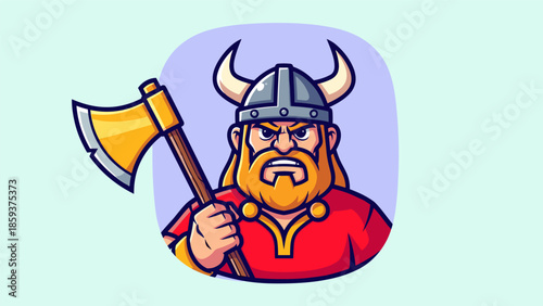 Fierce Viking Warrior with Axe Cartoon Illustration.