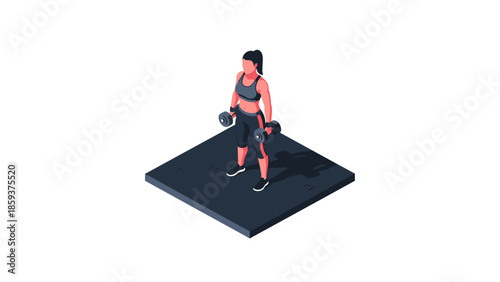 Isometric fitness: woman lifting dumbbells in workout gear on platform