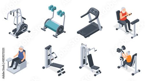 Isometric gym equipment and elderly fitness enthusiasts engaging in workouts