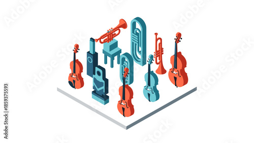 Isometric music instruments: orchestra brass and strings in 3d design
