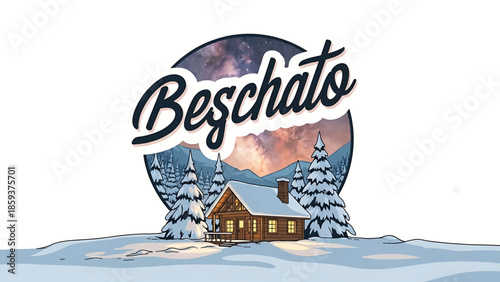 A cozy winter scene depicts a snow-covered landscape with a cabin and evergreen trees. Above, text arches over the trees inside a circle showing a starry sky