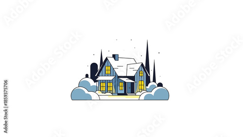 A cozy winter scene shows a house with lit windows and a snowy roof, surrounded by snowdrifts, trees, and falling snow. The illustration is flat