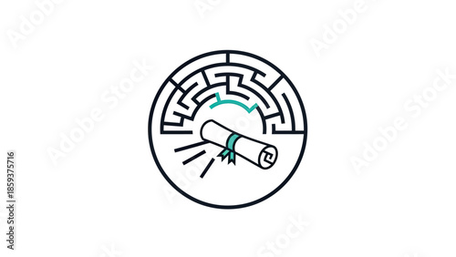 A stylized icon depicts a rolled diploma within a maze, symbolizing achievement
