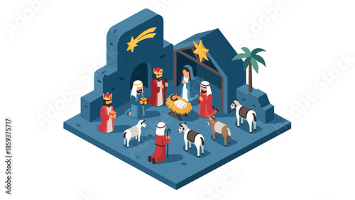 Isometric nativity scene with three wise men and animals in manger setting