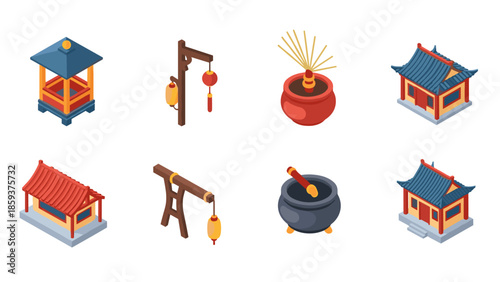 Isometric asian architecture and cultural elements set
