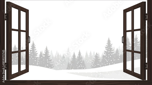 A cozy winter scene viewed through an open, wooden window. Trees and a snowy landscape are seen outside. It is snowing